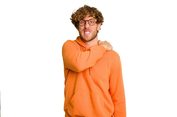 Young Caucasian Man Isolated Green Chroma Background Having Shoulder Pain — Stock Photo, Image