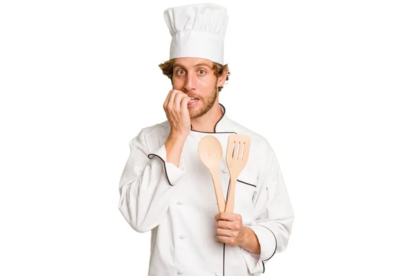 Young Cook Man Isolated White Background Biting Fingernails Nervous Very — Stock Photo, Image