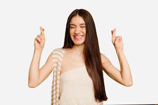 Junge Kaukasische Frau Mit Langen Haaren Isoliert Daumen Drücken Glück — Stockfoto