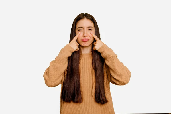 Jovem Caucasiana Cabelos Longos Mulher Isolada Chorando Infeliz Com Algo — Fotografia de Stock