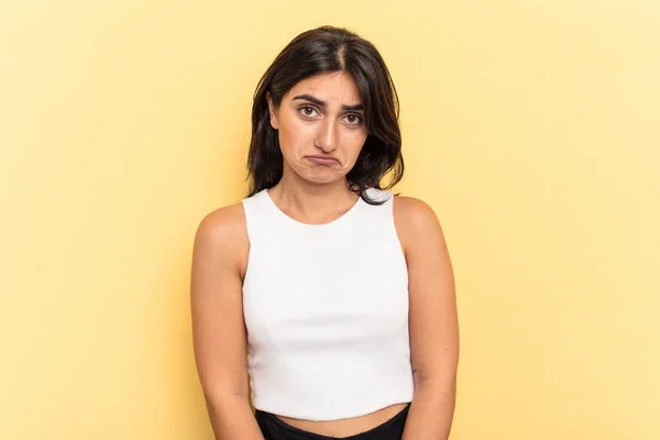 Young Indian Woman Isolated Yellow Background Sad Serious Face Feeling — Stock Photo, Image