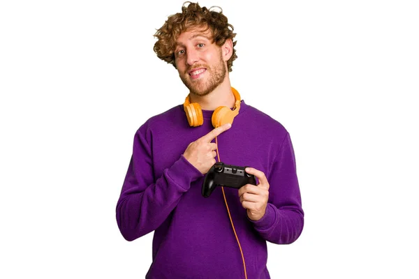 Young Caucasian Gamer Man Holding Game Controller Isolated White Background — Stock Photo, Image