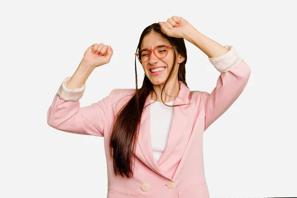 Young Caucasian Long Hair Woman Isolated Celebrating Special Day Jumps — Stock Photo, Image