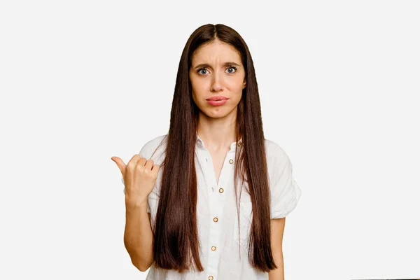 Young Caucasian Long Hair Woman Isolated Shocked Pointing Index Fingers — Stock Photo, Image