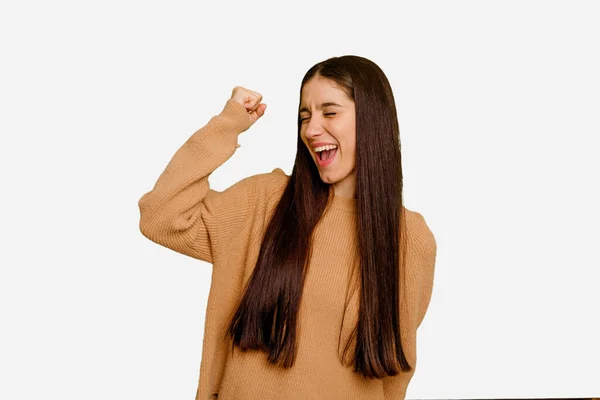 Young Caucasian Long Hair Woman Isolated Celebrating Victory Passion Enthusiasm — Stock Photo, Image