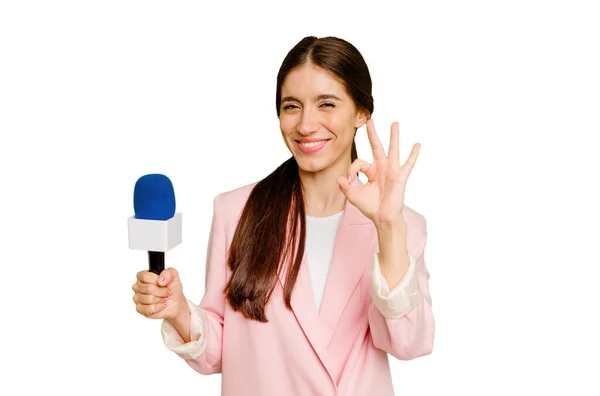 Young Presenter Caucasian Woman Isolated Cheerful Confident Showing Gesture — Stock Photo, Image