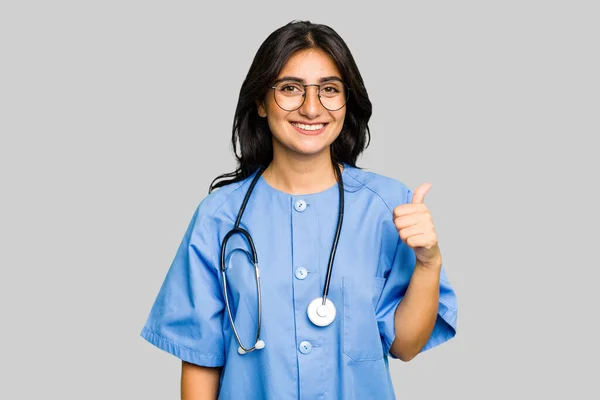 Young Nurse Indian Woman Isolated Smiling Raising Thumb — Stock Photo, Image