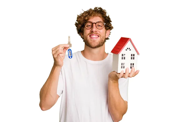 Young Caucasian Man Holding Home Keys Isolated White Background — Stock Photo, Image
