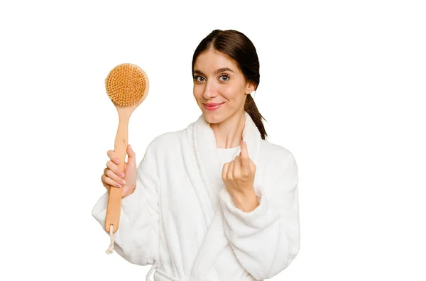 Young Caucasian Woman Holding Shower Brush Isolated Pointing Finger You — Stock Photo, Image