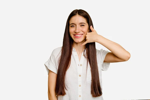 Jovem Caucasiano Mulher Cabelos Longos Isolado Mostrando Gesto Chamada Telefone — Fotografia de Stock