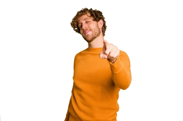 Νεαρός Καυκάσιος Άνδρας Απομονωμένος Πράσινο Χρώμιο Φόντο Χαρούμενα Χαμόγελα Που — Φωτογραφία Αρχείου
