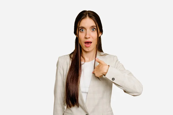 Young Caucasian Long Hair Woman Isolated Surprised Pointing Finger Smiling — Stock Photo, Image