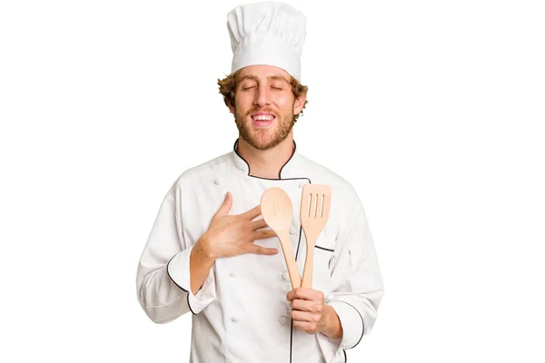 Young Cook Man Isolated White Background Laughs Out Loudly Keeping — Stock Photo, Image