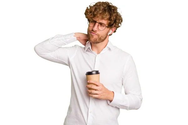 Homem Caucasiano Negócios Segurando Café Para Tirar Isolado Fundo Branco — Fotografia de Stock