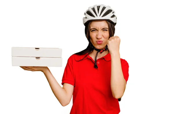 Young Caucasian Woman Holding Takeaway Pizzas Isolated Showing Fist Camera — Stock Photo, Image
