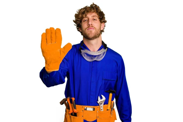 Young Caucasian Electrician Man Isolated White Background Standing Outstretched Hand — Stock Photo, Image