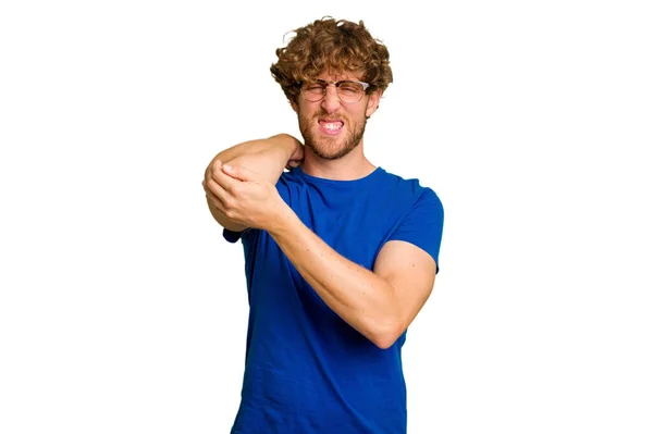 ストレス マッサージ 手で触れることにより首の痛みを持つ緑のクロマの背景に隔離された若い白人男性 — ストック写真