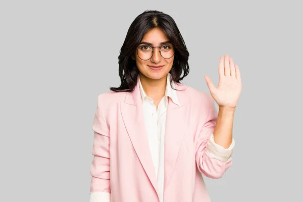 Young Indian Business Woman Wearing Pink Suit Isolated Smiling Cheerful — Stock Photo, Image