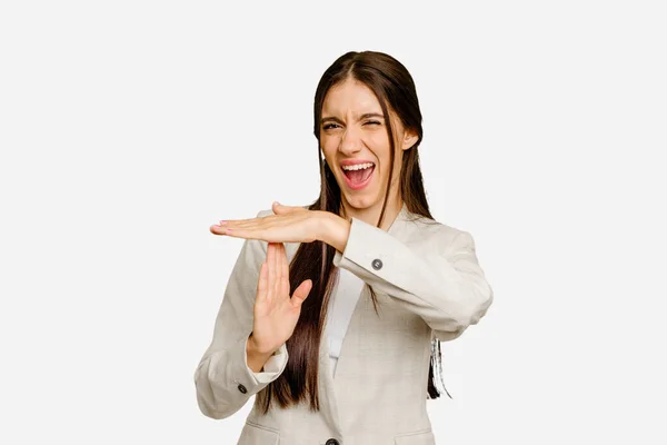 Young Caucasian Long Hair Woman Isolated Showing Timeout Gesture — Stock Photo, Image