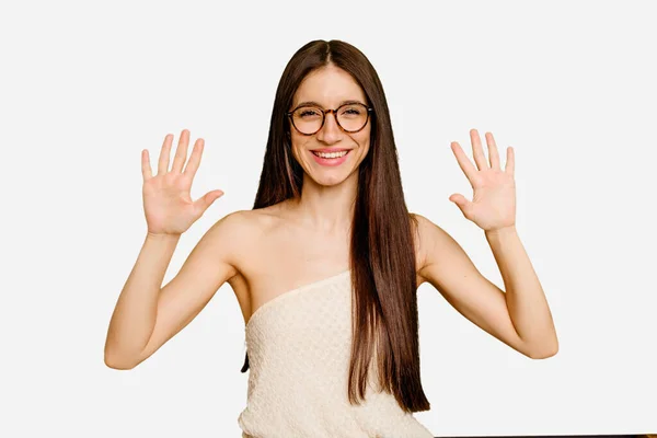 Junge Kaukasische Frau Mit Langen Haaren Isoliert Zeigt Nummer Zehn — Stockfoto