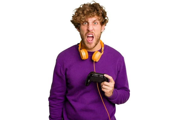 Young Caucasian Gamer Man Holding Game Controller Isolated White Background — Stock Photo, Image