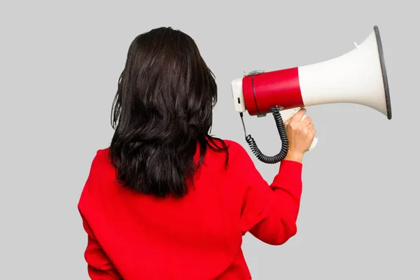 Young Indian Woman Holding Megaphone Isolated — Stock Photo, Image