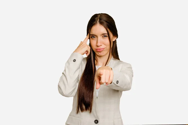 Young Caucasian Long Hair Woman Isolated Pointing Temple Finger Thinking — Stock Photo, Image