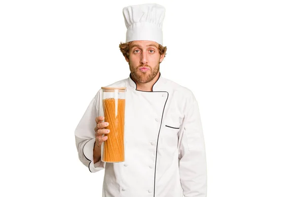 Young Cook Man Isolated White Background Shrugs Shoulders Open Eyes — Stock Photo, Image