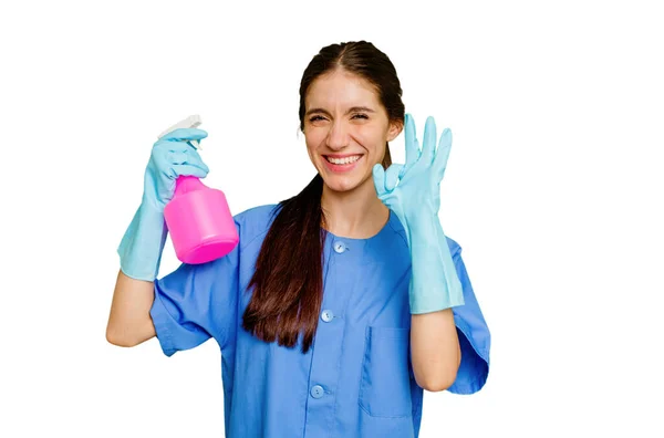 Young Cleaner Caucasian Woman Isolated Cheerful Confident Showing Gesture — Stock Photo, Image