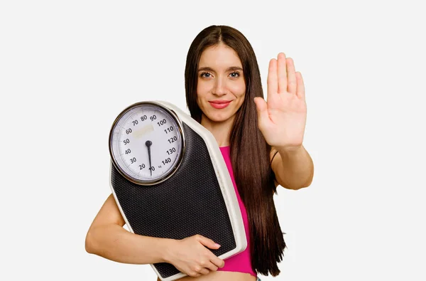 Young Caucasian Woman Holding Scale Isolated Standing Outstretched Hand Showing — Stock Photo, Image