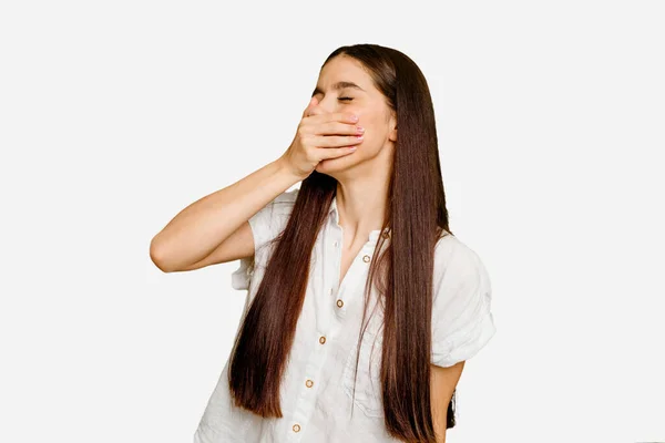 Giovane Donna Caucasica Capelli Lunghi Isolato Ridere Felice Spensierato Emozione — Foto Stock