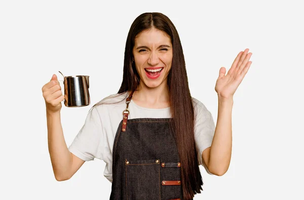 Young Barista Caucasian Woman Isolated Receiving Pleasant Surprise Excited Raising — Stock Photo, Image