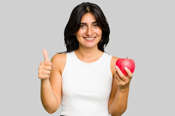 Young Indian Woman Holding Apple Healthy Lifestyle Isolated Smiling Raising — Stock Photo, Image