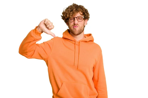 Young Caucasian Man Isolated Green Chroma Background Showing Thumb Disappointment — Stock Photo, Image