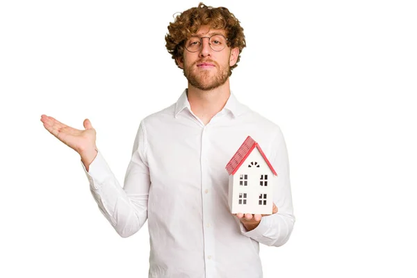 Business Caucasian Man Holding Toy House Isolated White Background Showing — Stock Photo, Image