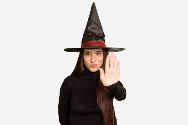 Young Caucasian Woman Dressed Witch Halloween Day Isolated Standing Outstretched — Stock Photo, Image
