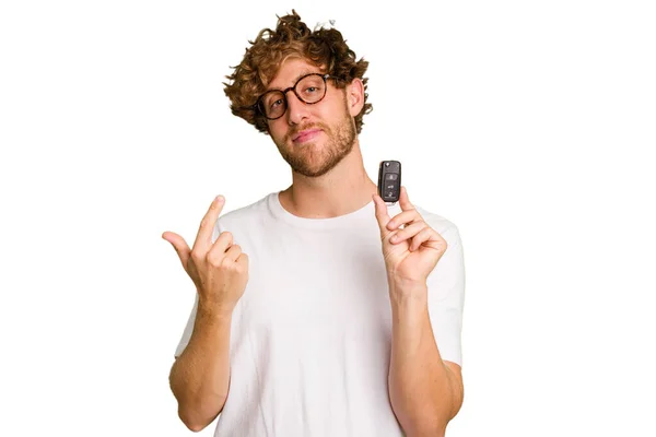 Young Caucasian Man Holding Car Keys Isolated White Background Pointing — Stock Photo, Image