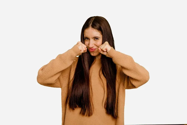 Young Caucasian Long Hair Woman Isolated Throwing Punch Anger Fighting — Stock Photo, Image