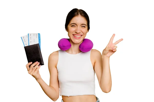 Young Caucasian Woman Inflatable Travel Pillow Holding Passport Isolated Joyful — Stock Photo, Image