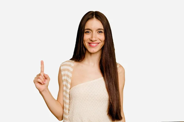 Mladý Kavkazský Dlouhé Vlasy Žena Izolované Ukazující Číslo Jedna Prstem — Stock fotografie