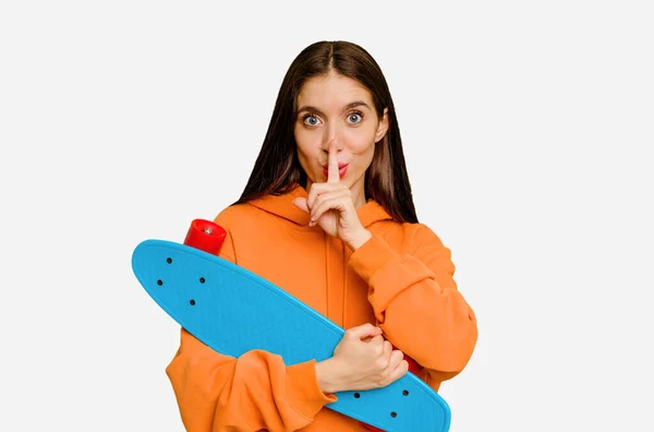 Young Skater Caucasian Woman Isolated Keeping Secret Asking Silence — Stock Photo, Image