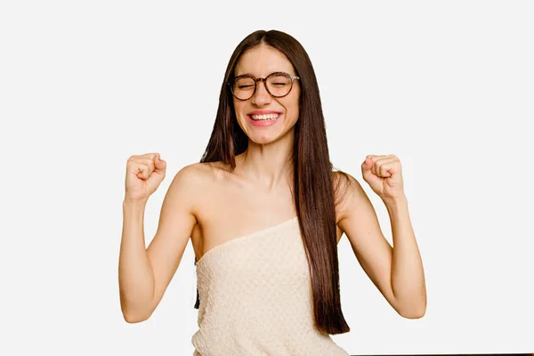 Young Caucasian Long Hair Woman Isolated Celebrating Victory Passion Enthusiasm — Stock Photo, Image