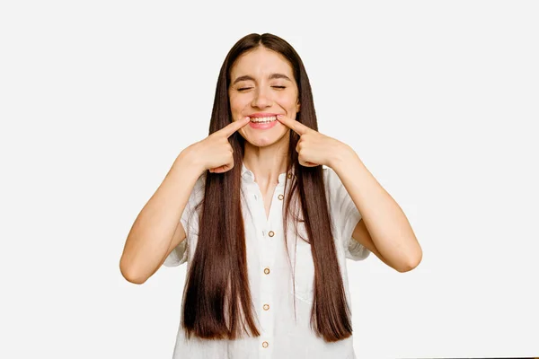 Young Caucasian Long Hair Woman Isolated Smiles Pointing Fingers Mouth — Stock Photo, Image