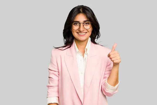Young Indian Business Woman Wearing Pink Suit Isolated Smiling Raising — Stock Photo, Image