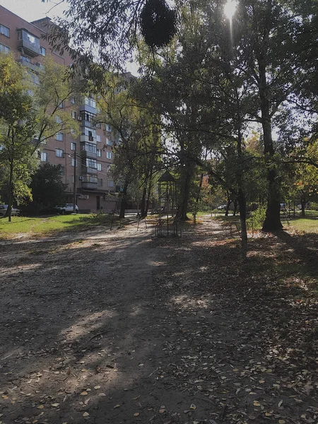 Old Abandoned Playground Post Soviet Courtyard Typical Houses Autumn Shot — Stock Photo, Image