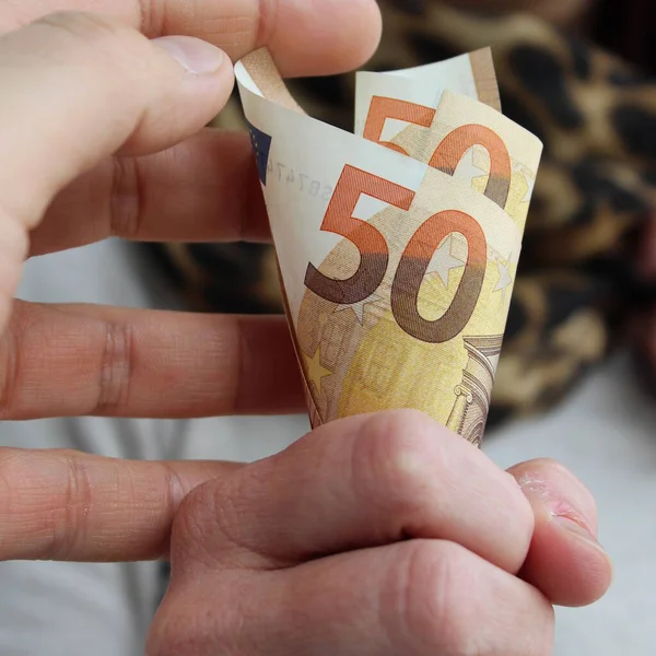 Notas Euro Nas Mãos Uma Pessoa Riqueza — Fotografia de Stock
