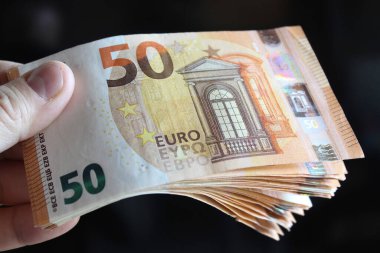 Avro banknotları bir kişinin elinde - zenginlik