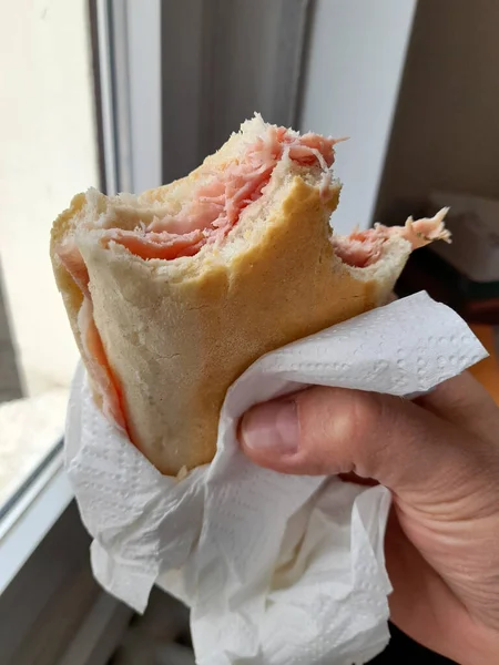 Ham Sandwich Hands Man Snack — Fotografia de Stock