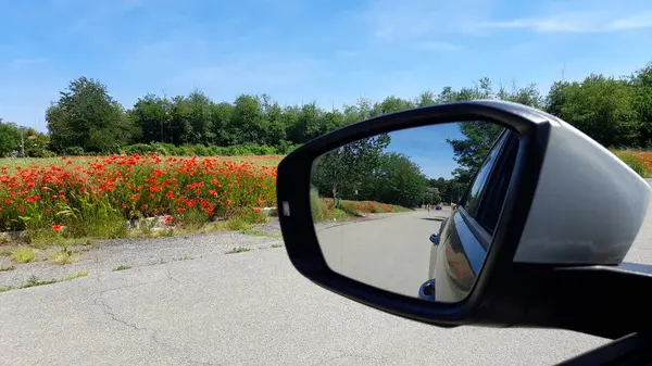 Οδηγήστε Αυτοκίνητό Σας Κοντά Ένα Χωράφι Παπαρούνας Καλοκαίρι — Φωτογραφία Αρχείου