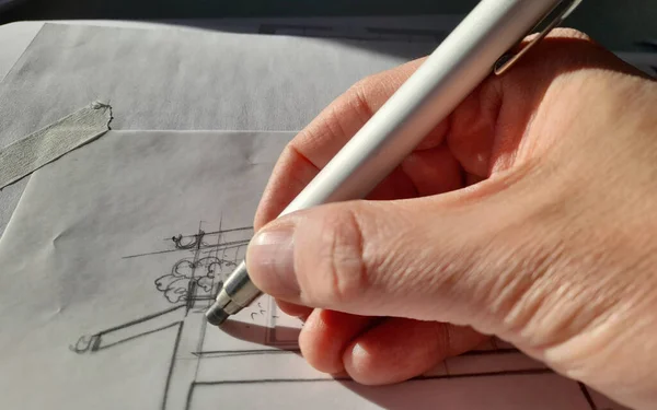 Architect Designing Freehand His Office — Stock Photo, Image